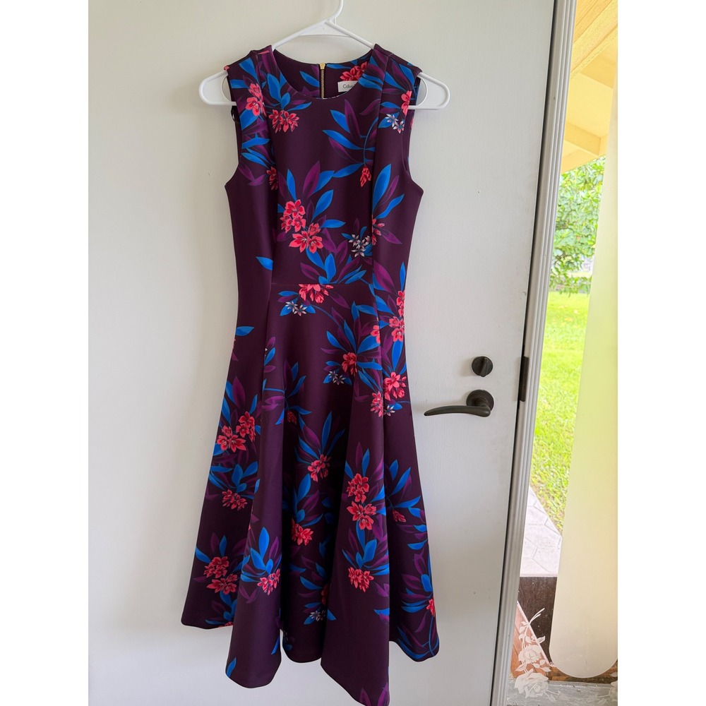 Calvin Klein Purple Floral Scuba Fit & Flare Dress Sleeveless Gold Zip Size 2